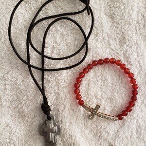 Metal Cross Leather Necklace Sparkly Cross Bracelet with Semi-Precious Stone
